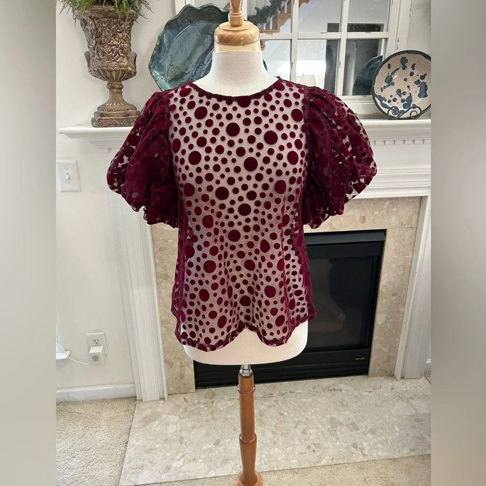 Haute Monde Burgundy Puff Sleeve Sheer Top - Picture 2 of 8